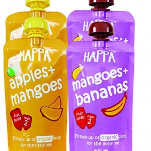 Happa Organic Food, Fruit Puree (Mango + Banana, Apple + Mango) Stage 2 , Pack of 4, 100 gm Each