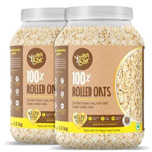 Yogabar 100% Rolled Oats 1.2 kg (Buy 1 Get 1 Free), Premium Golden Rolled Oats, Gluten Free Oats with High Fibre – Pack of 2